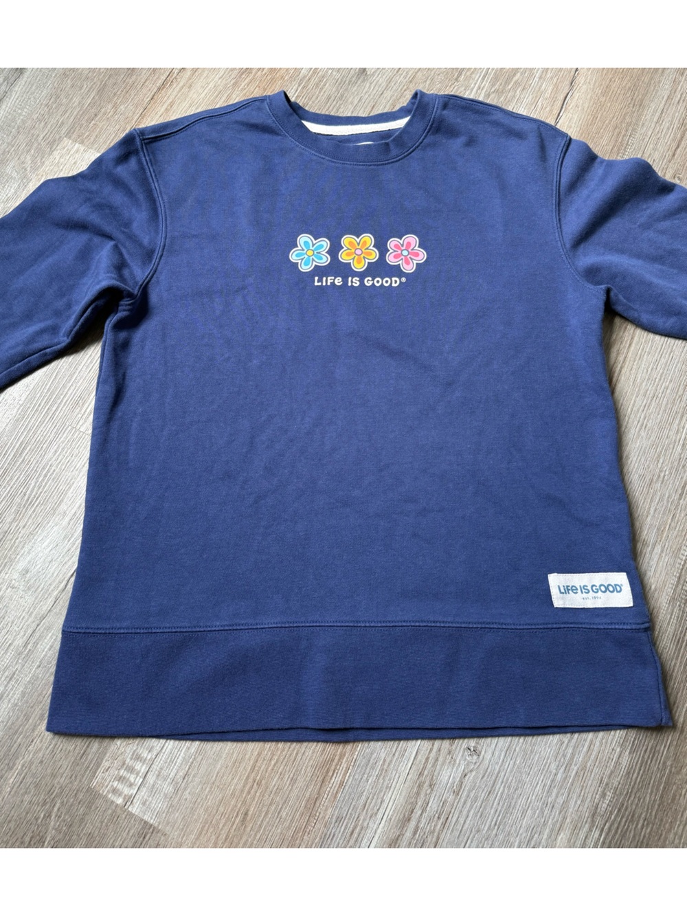 Life Is Good Floral Boho Sweatshirt Crewneck Navy Blue Multi Color Size XS S